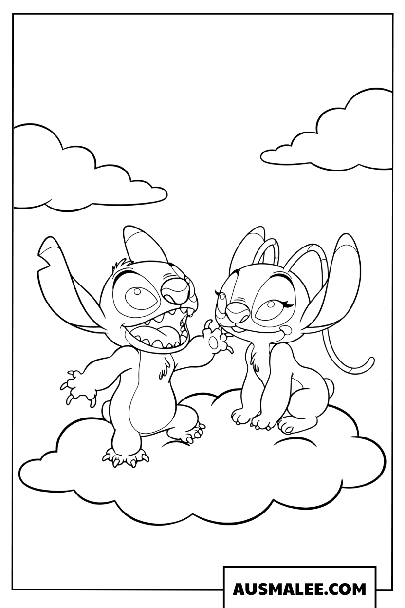 Stitch en Engel kleurplaten op een wolk