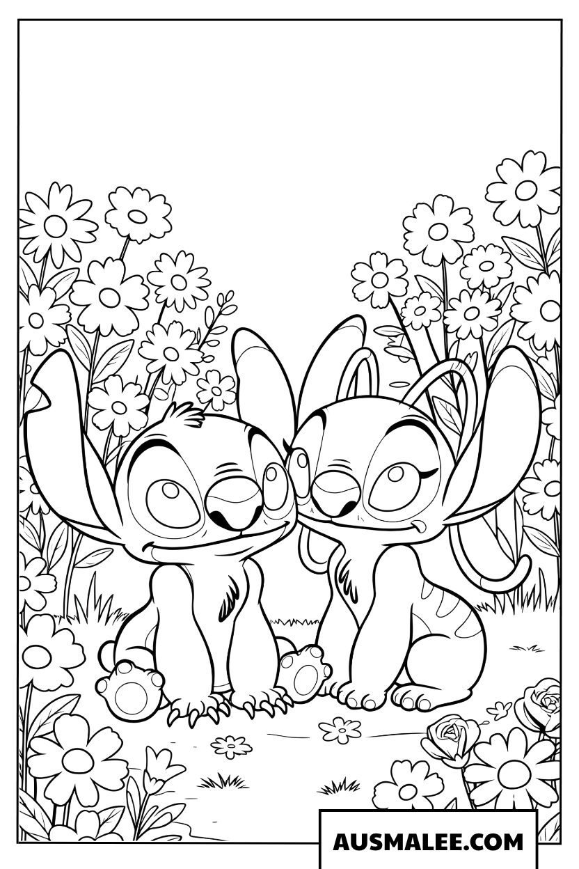 Stitch en Engel kleurplaten in een bloemenveld