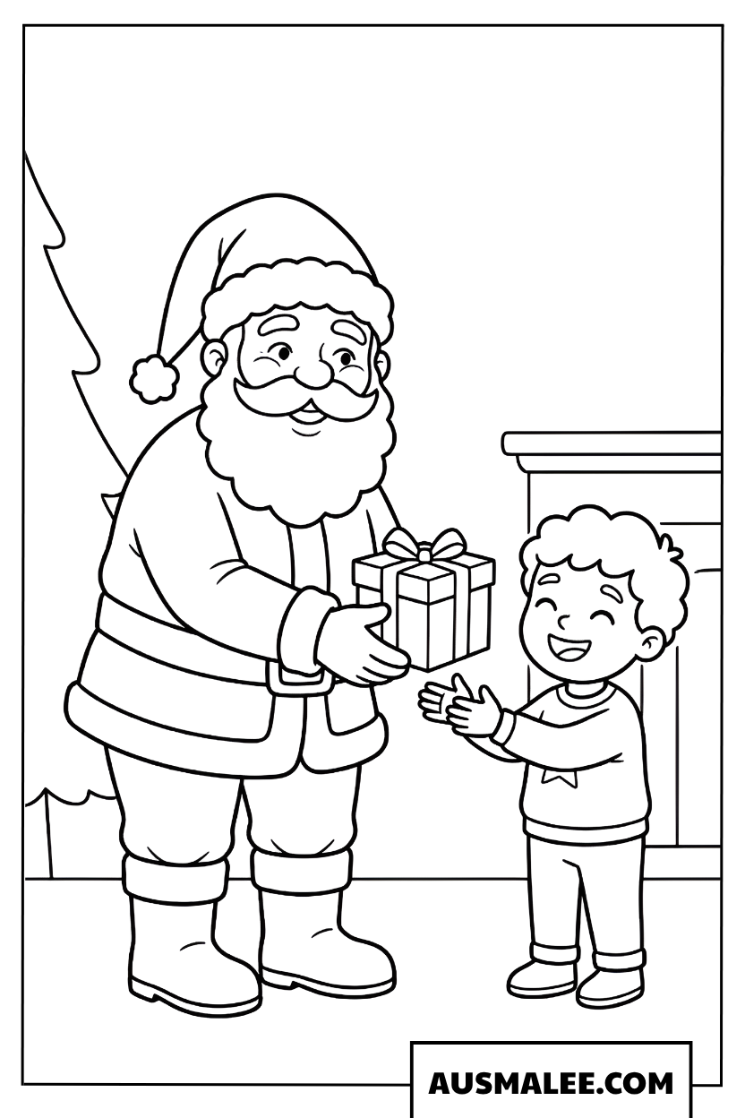 Coloriages Père Noël donne un cadeau à un enfant
