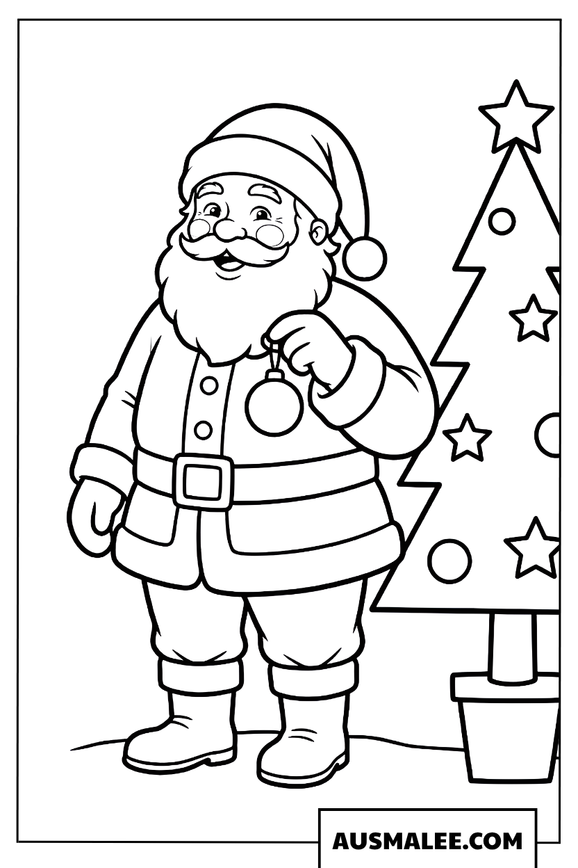 Coloriages Père Noël avec un sapin de Noël décoré