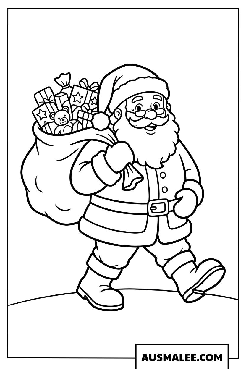 Coloriages Père Noël avec un sac de cadeaux lourd