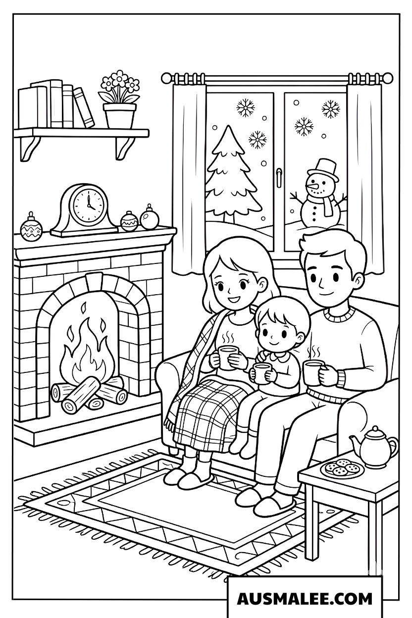 Famille près de la cheminée Noël hiver coloriage