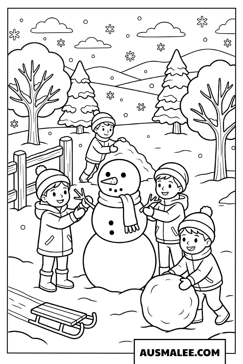 Enfants construisant un bonhomme de neige coloriage