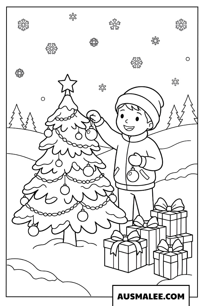 Enfants décorant le sapin de Noël hiver coloriage