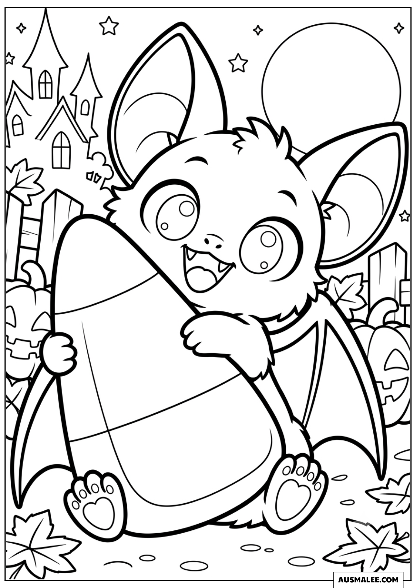 Baby-Fledermaus mit Candy Corn Ausmalbild