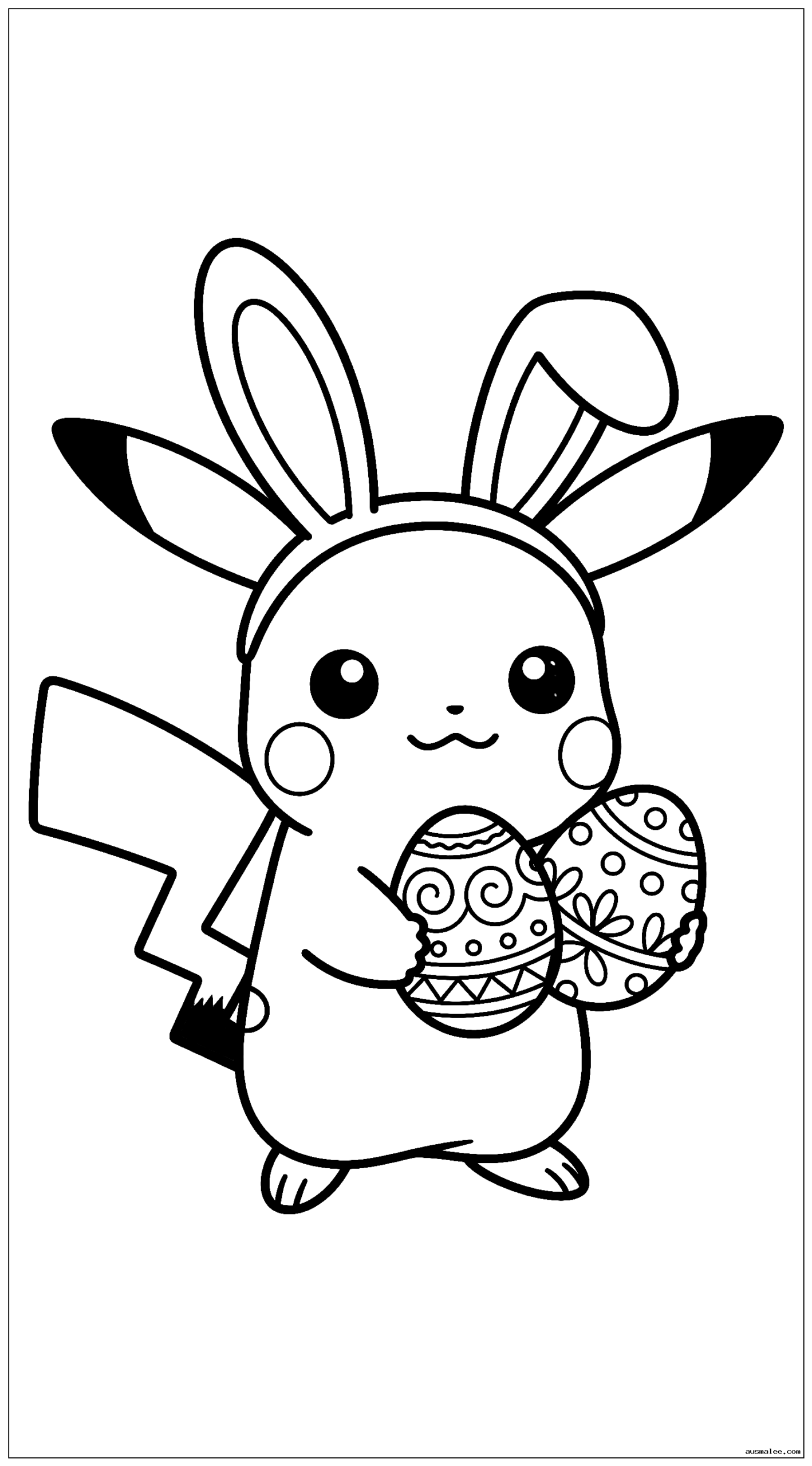 Baby Pikachu hält Ostereier und trägt Hasenohren