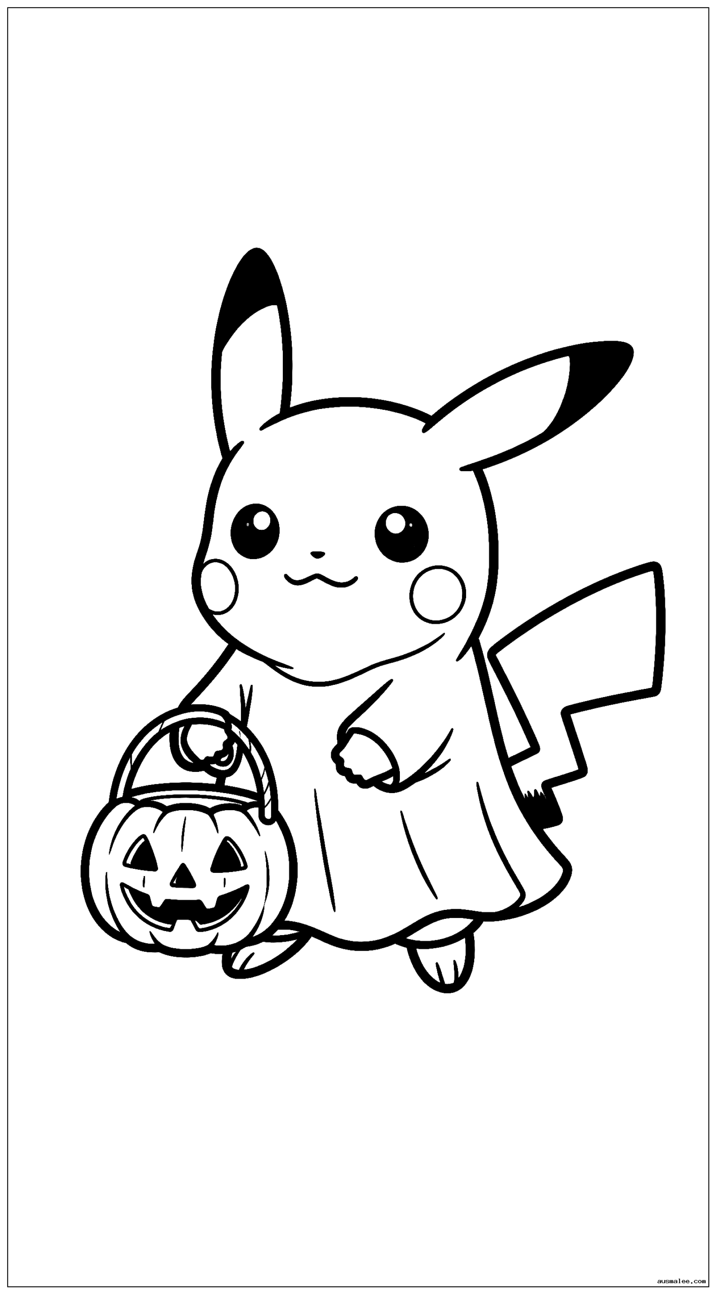 Baby Pikachu ist zu Halloween als Geist verkleidet und trägt einen Kürbis-Süßigkeitenkorb