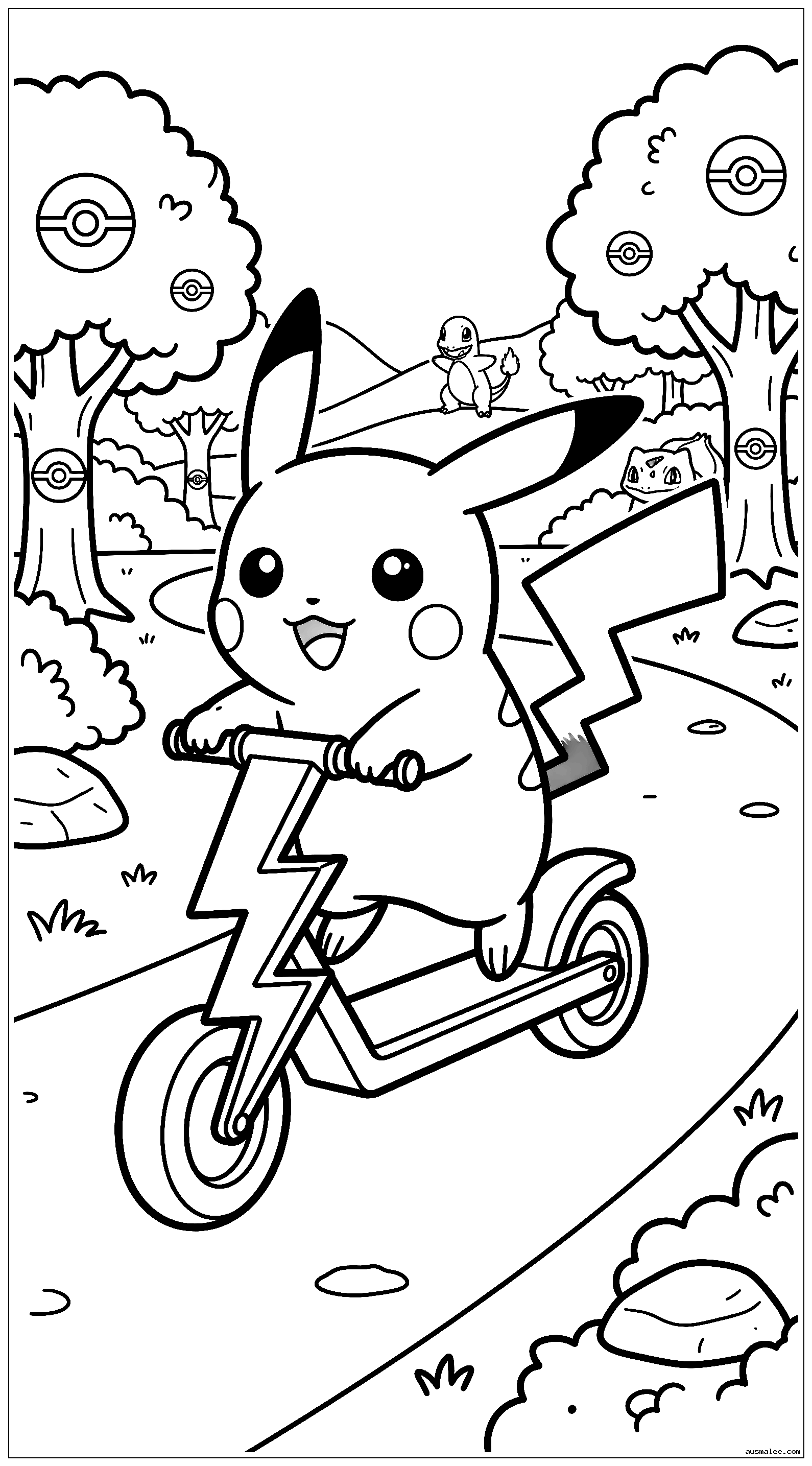 Baby Pikachu rast auf einem Blitzroller durch einen Pokémon-Park