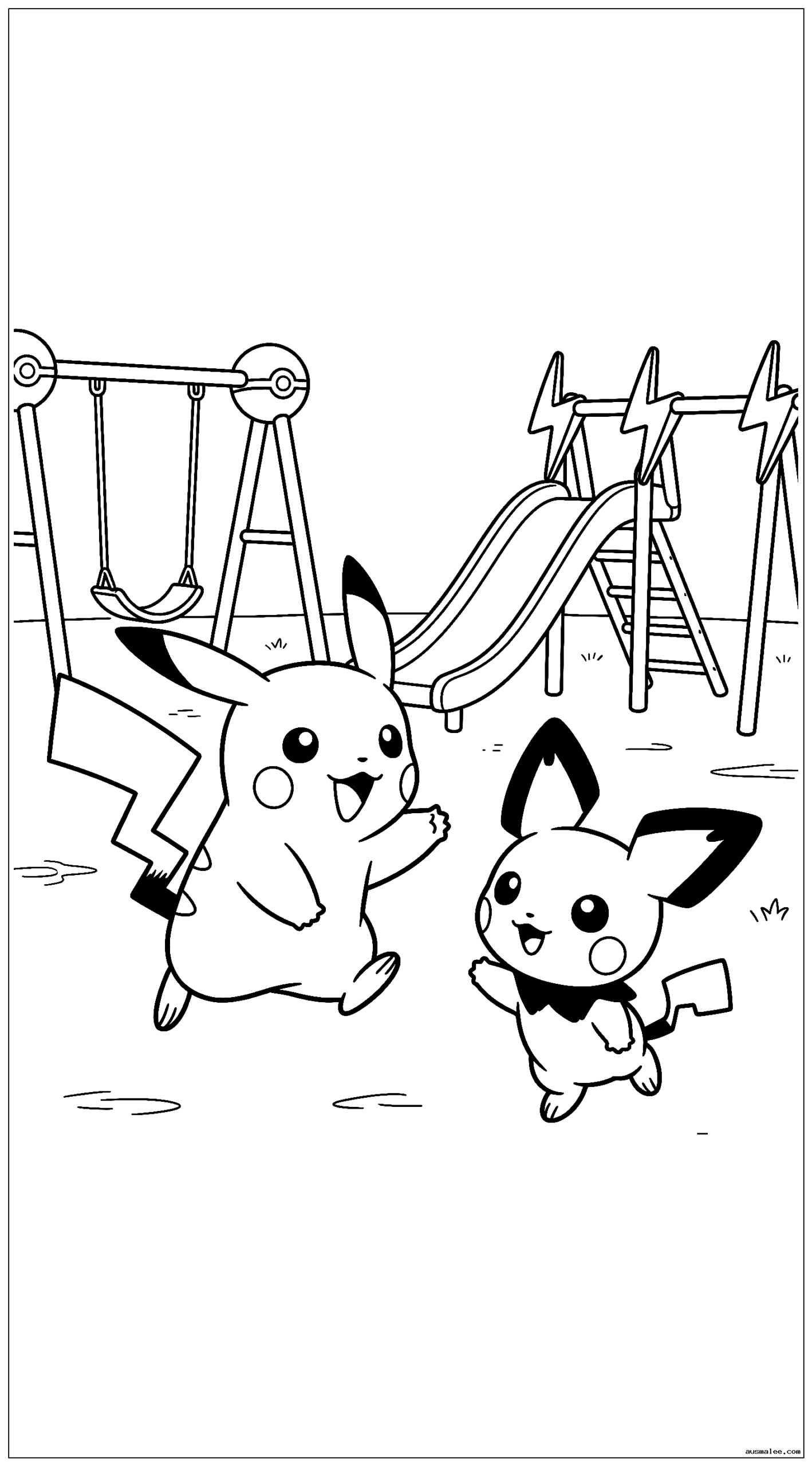 Baby Pikachu spielt Fangen mit Baby Pichu auf einem Pokémon-Spielplatz