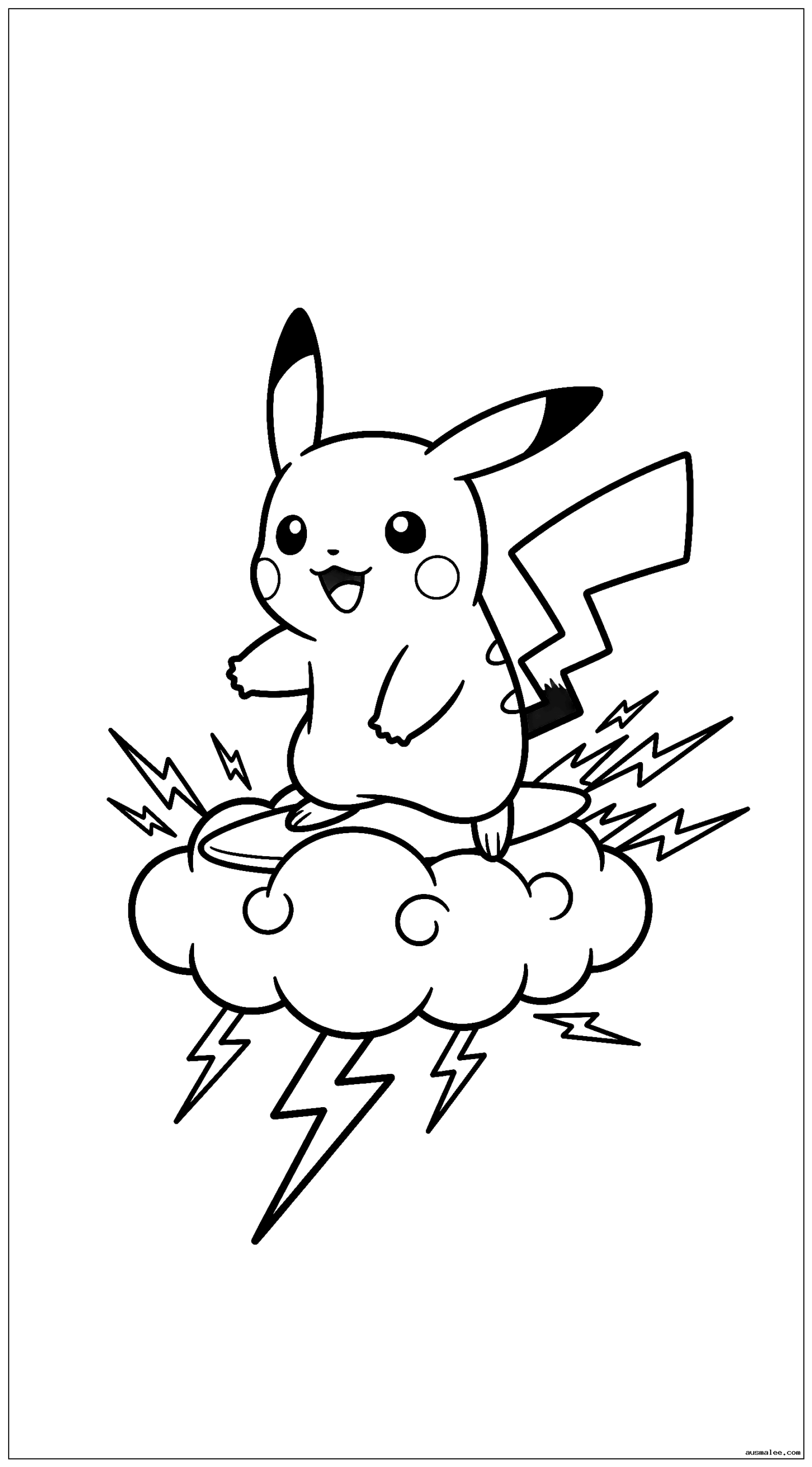 Baby Pikachu surft auf einer winzigen Gewitterwolke, während Funken fliegen