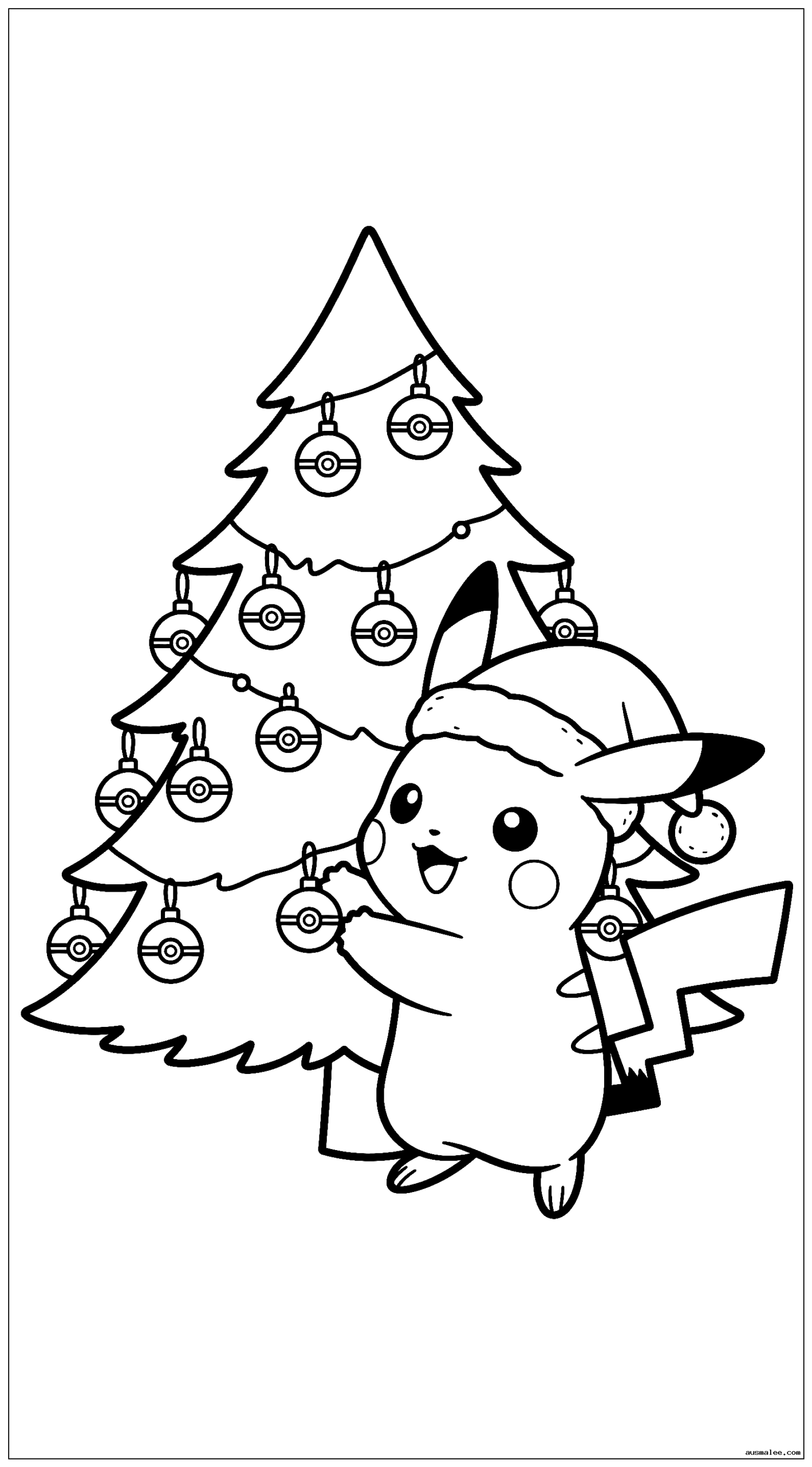 Baby Pikachu trägt eine Weihnachtsmütze und schmückt einen Weihnachtsbaum mit Pokeball-Ornamenten