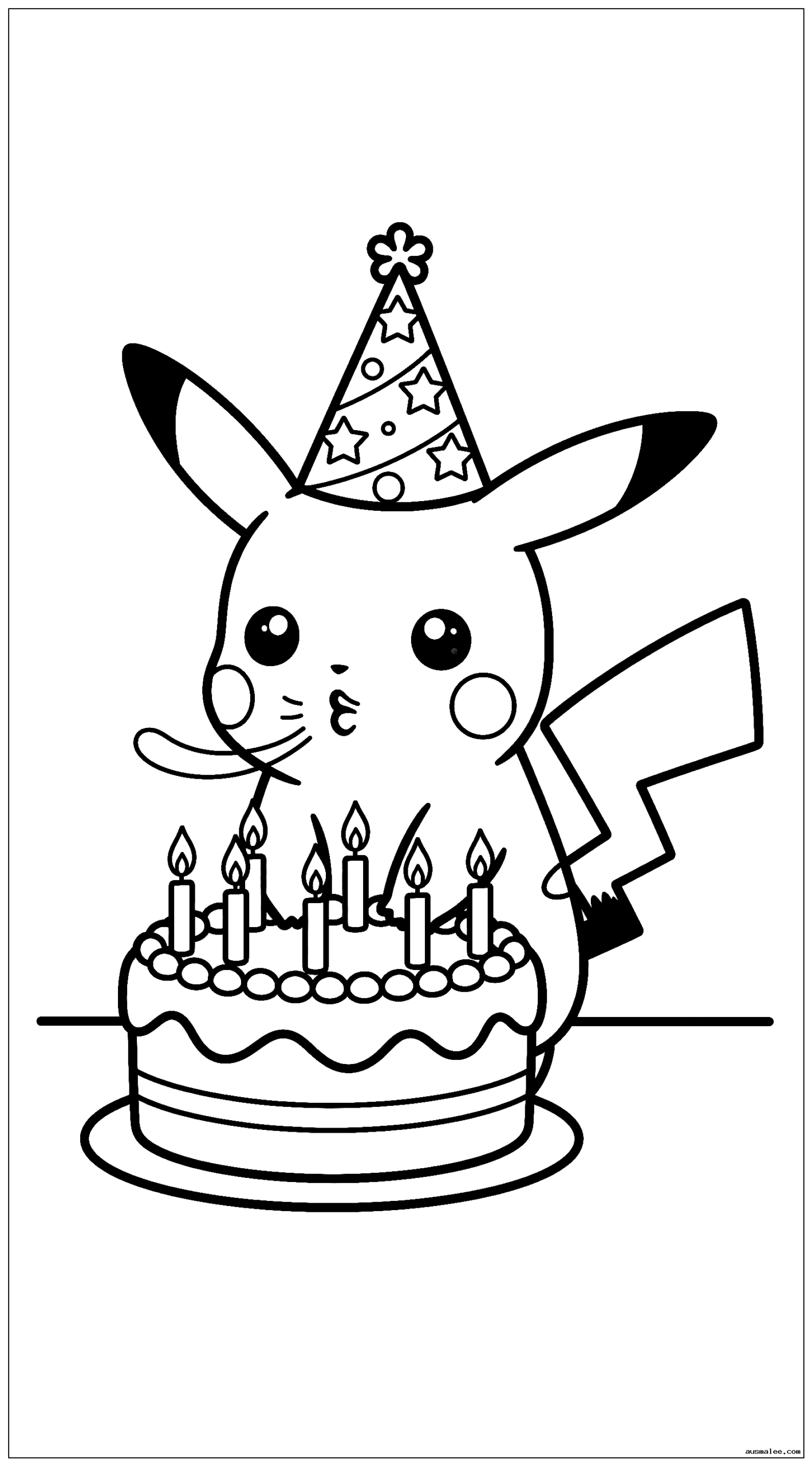 Baby Pikachu trägt einen Partyhut und bläst Kerzen auf einer Geburtstagstorte aus