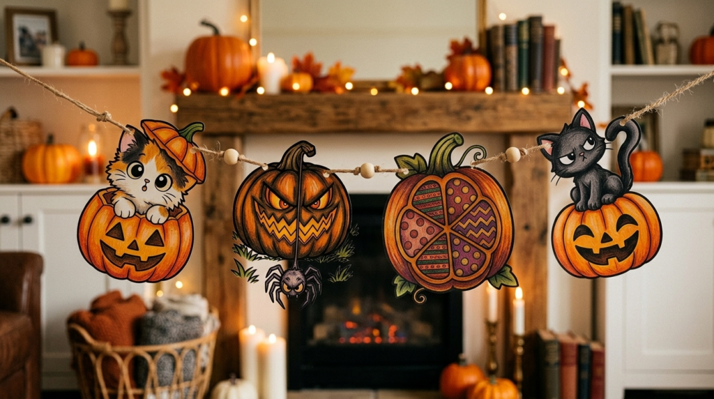 Colorful pumpkin garland made from colored Halloween pictures