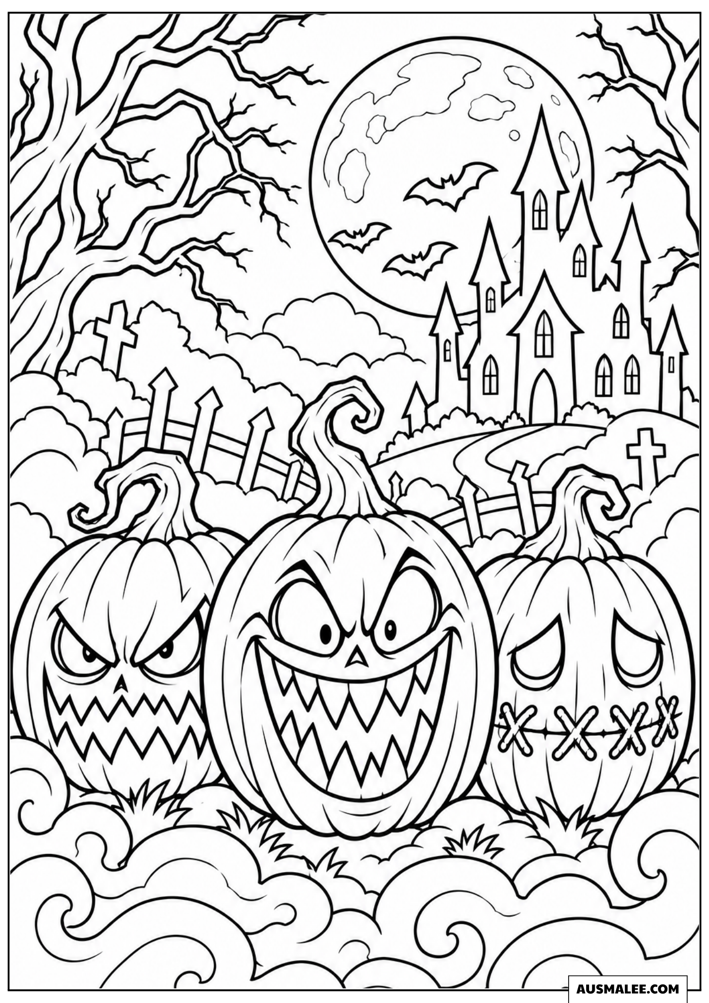 Three Pumpkins Showing Scary Grimaces Coloring Pages