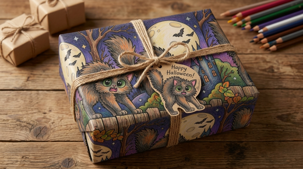 Geschenkpapier selber machen aus Halloween-Ausmalbild