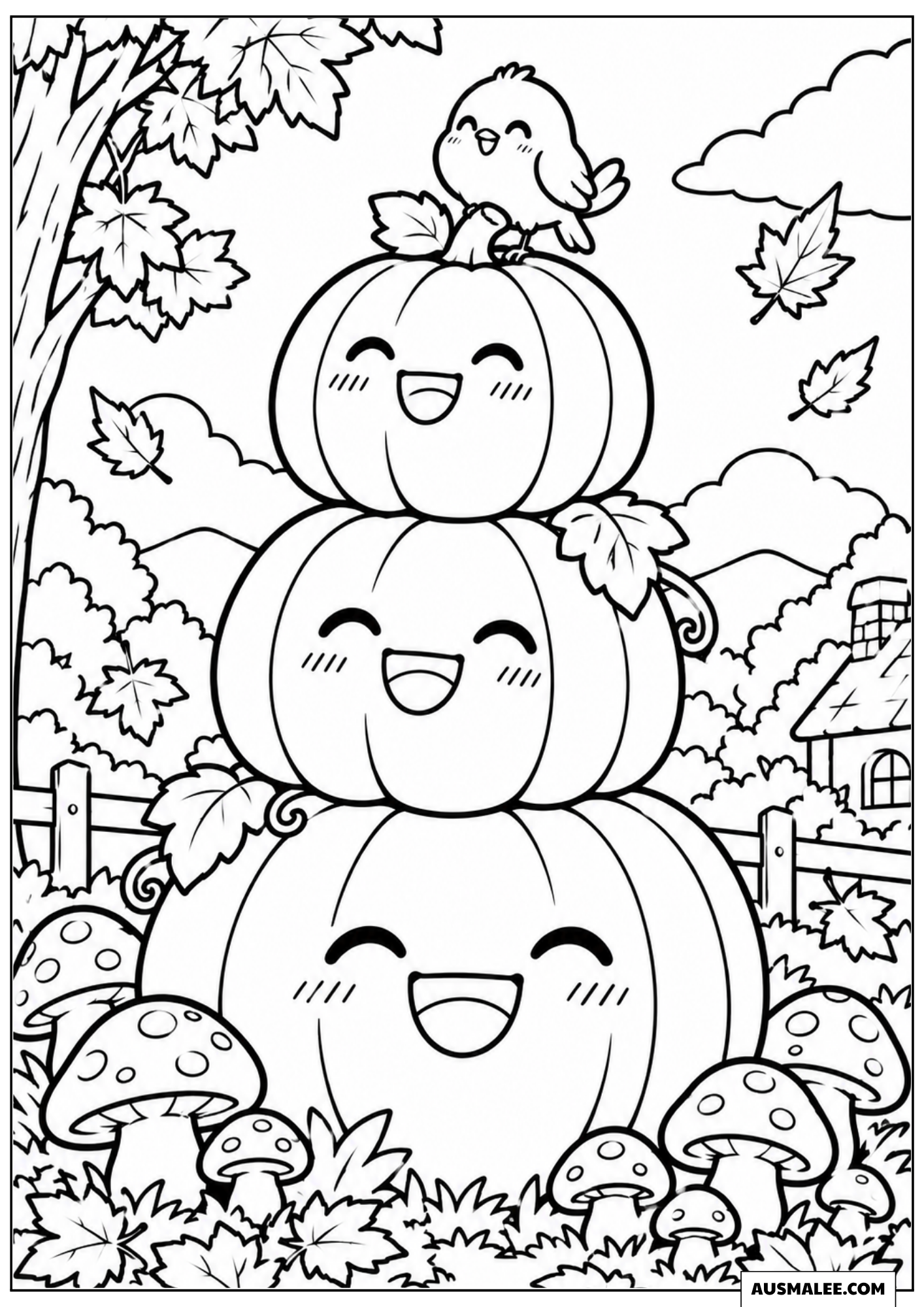 Stacked Pumpkin Tower as Bird Resting Spot Coloring Pages