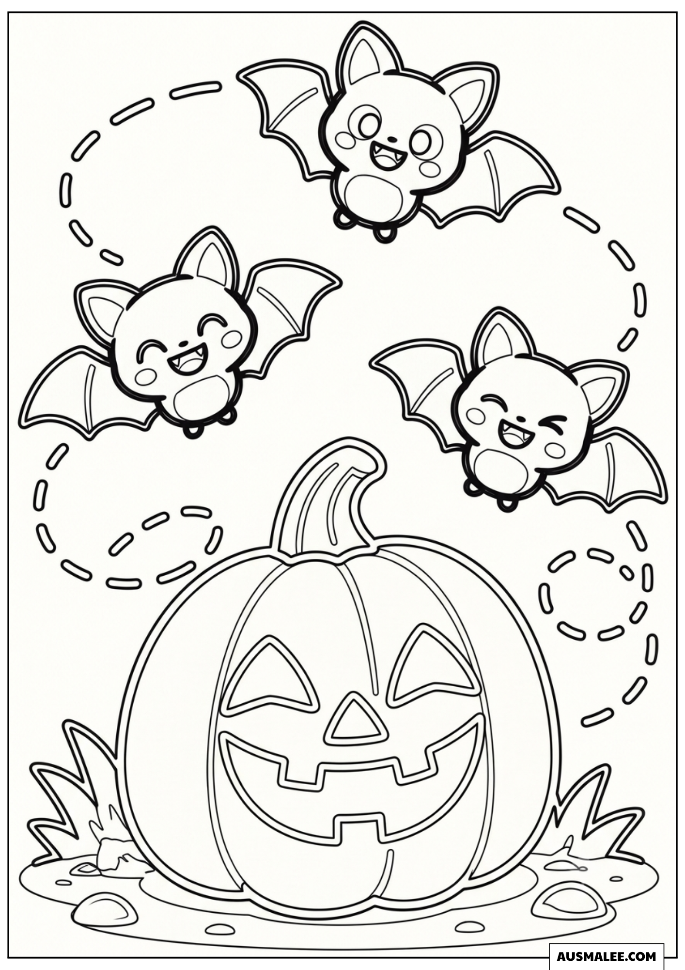 Little Bats Circling Around Pumpkin Coloring Pages