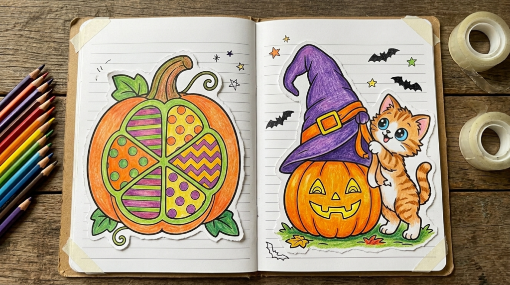 Creative autumn tree collage made from torn pumpkin coloring pages