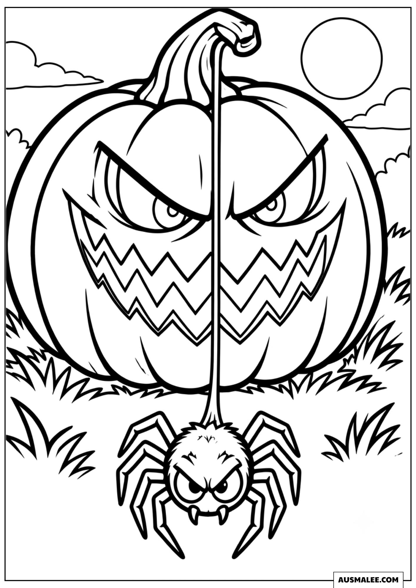 Pumpkin with Zigzag Teeth Glaring at Spider Coloring Pages