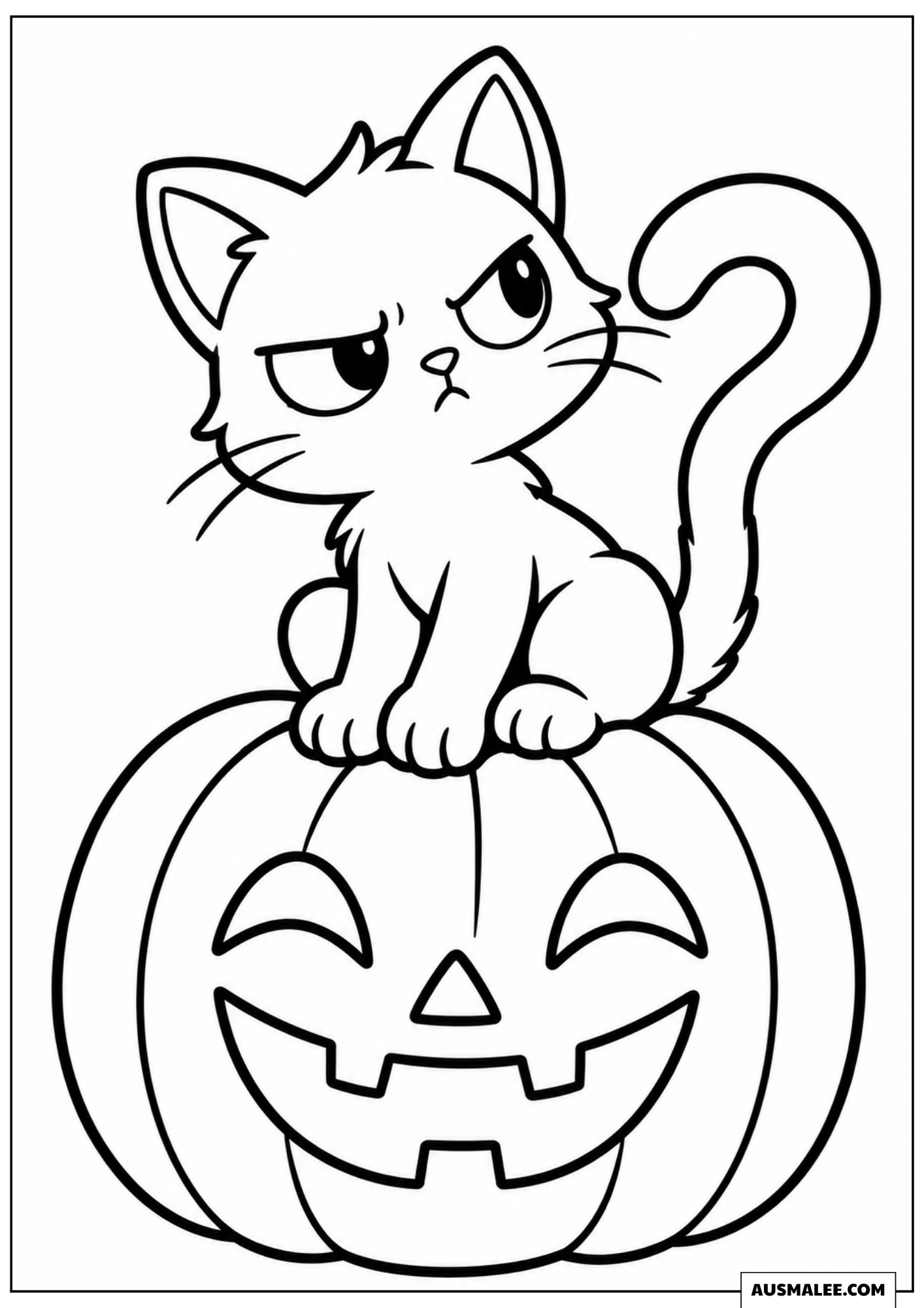 Grumpy Black Cat Sitting on Top Coloring Pages