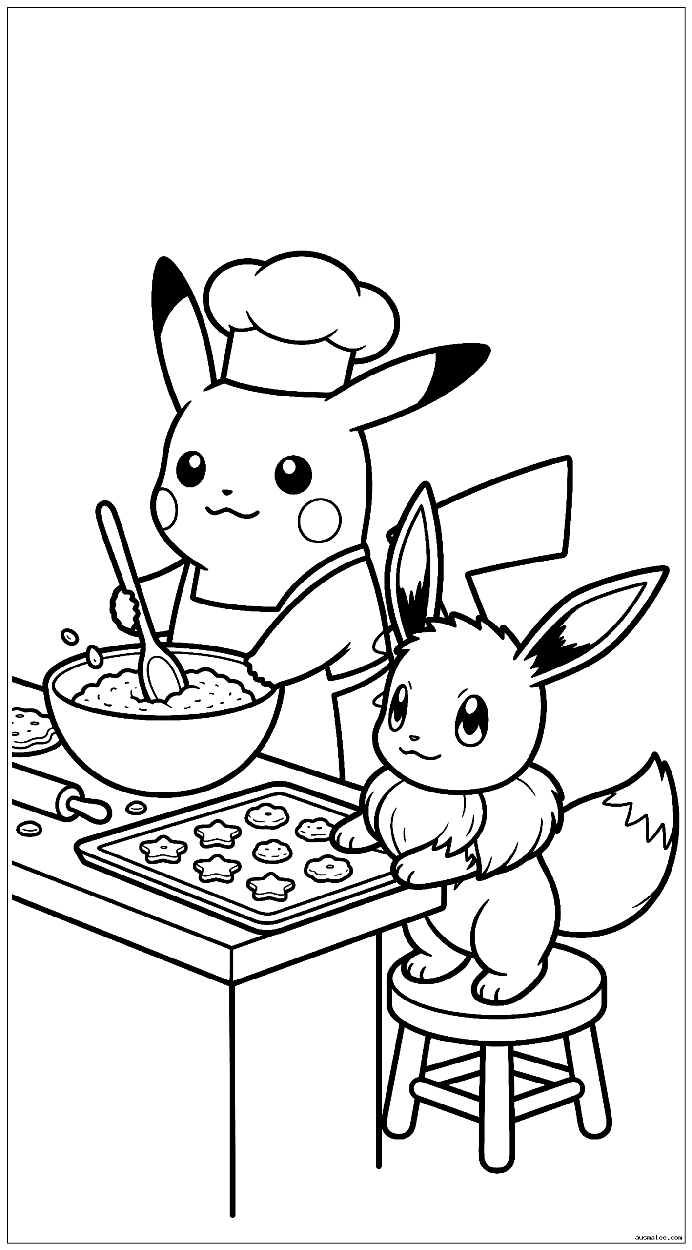 Pikachu backt Kekse mit Kochmütze und Schürze