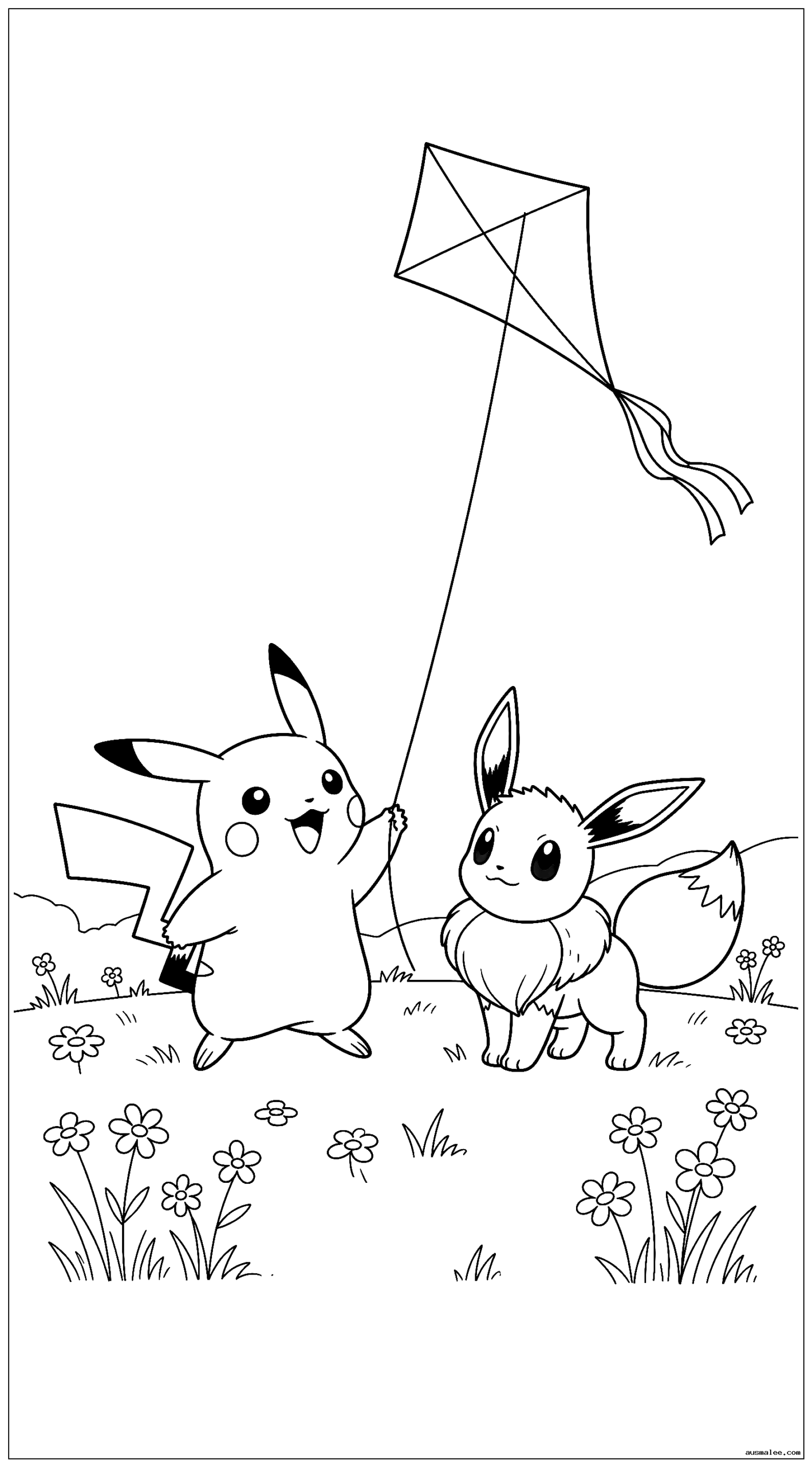 Pikachu bringt Evoli auf einer Wiese bei, wie man einen Drachen steigen lässt