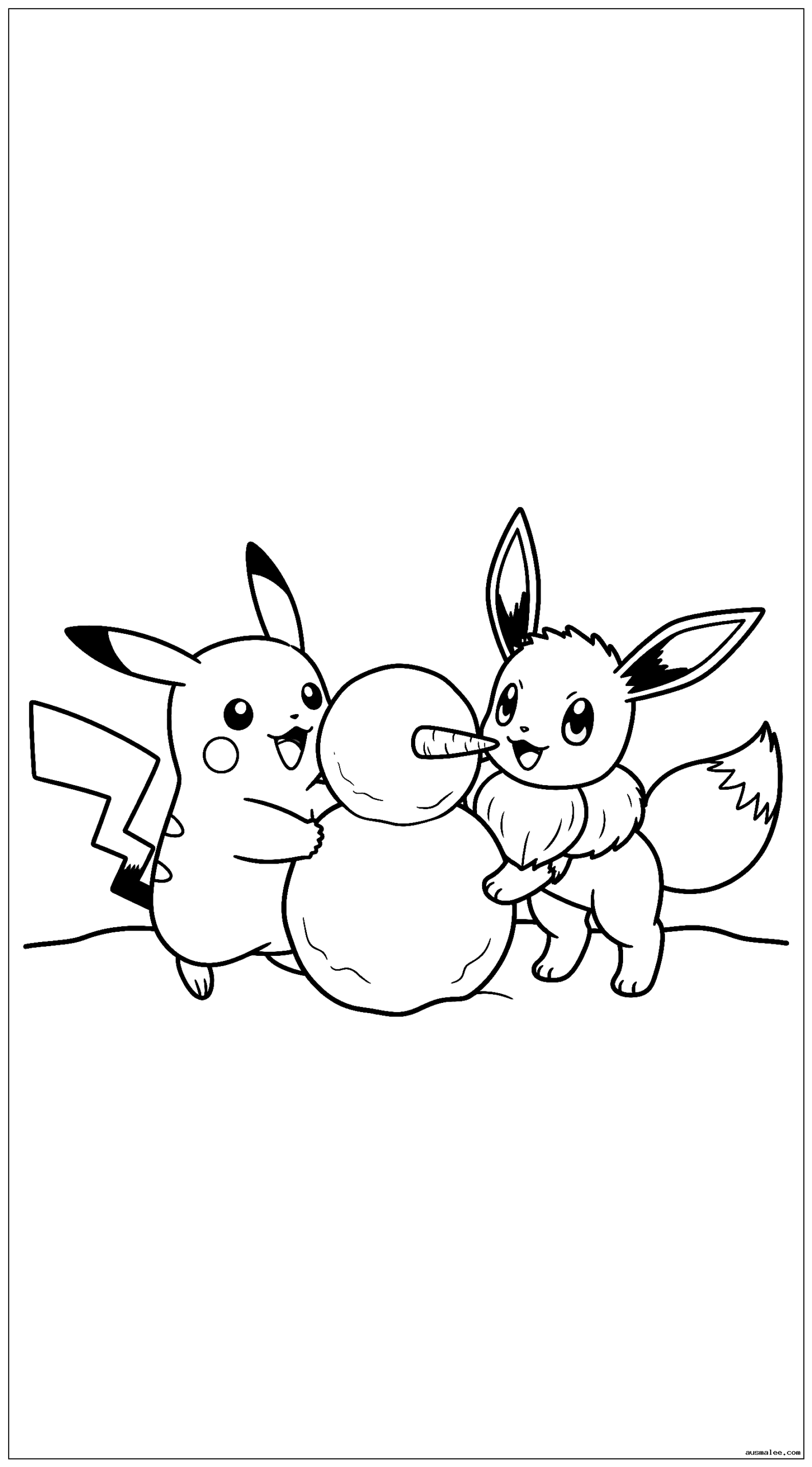 Pikachu und Evoli bauen einen Schneemann mit Karottennase