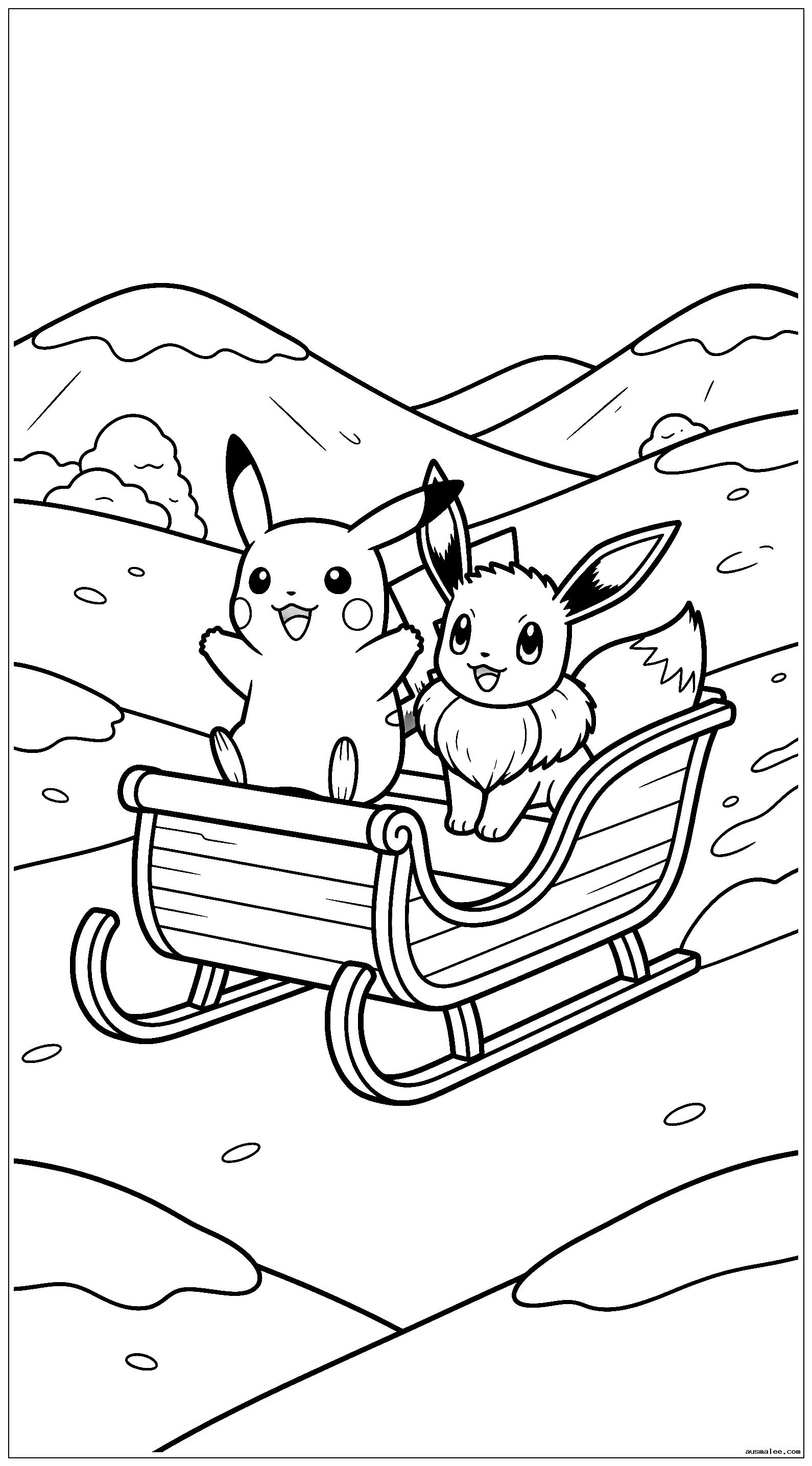 Pikachu und Evoli fahren im Schlitten durch verschneite Hügel
