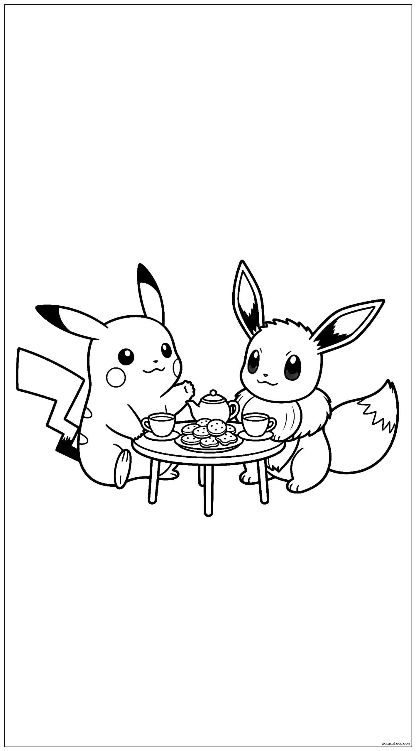 Pikachu und Evoli feiern eine Teeparty mit kleinen Tassen und Keksen