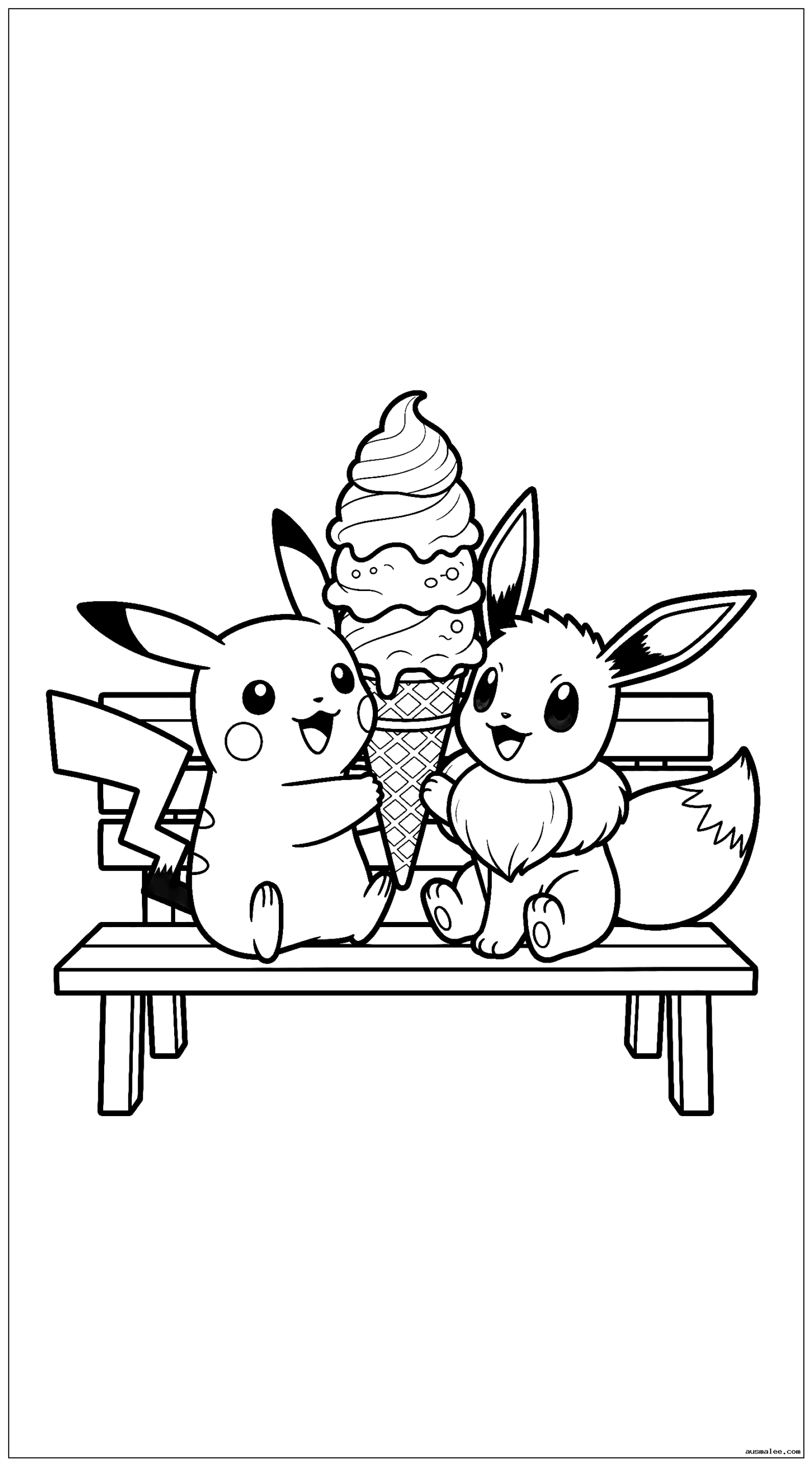 Pikachu und Evoli teilen sich eine große Eistüte, während sie auf einer Parkbank sitzen