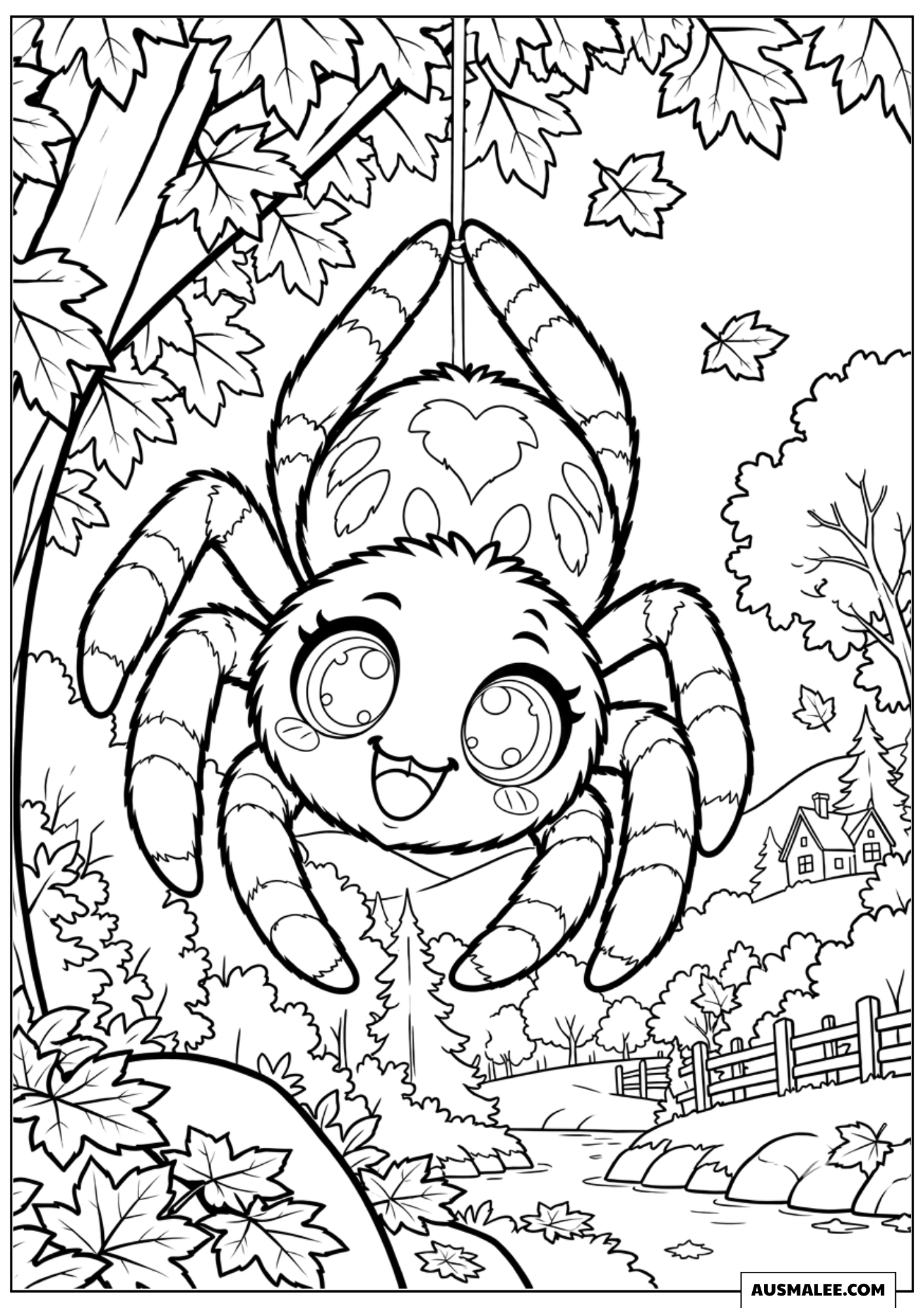 Spinne schaukelt am Faden Ausmalbild