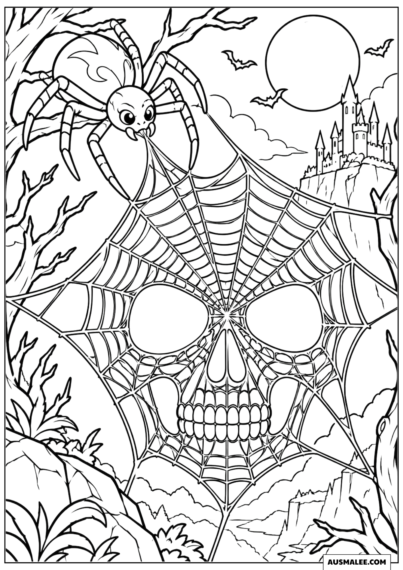 Spinne webt Totenkopf-Netz Ausmalbild
