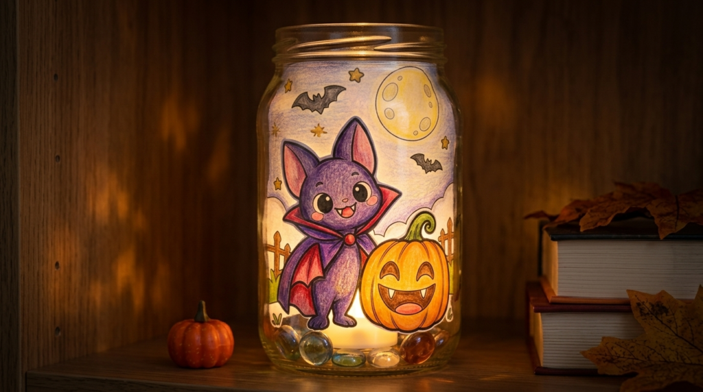 Atmospheric lantern made from a used glass jar and a cut-out pumpkin coloring page