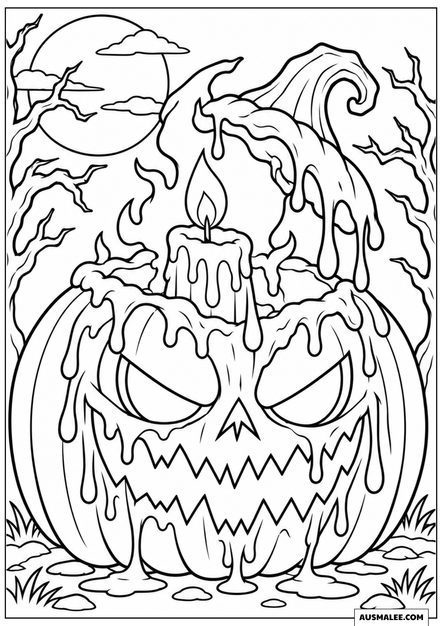 Bewitched Pumpkin Melting in Flames Coloring Pages