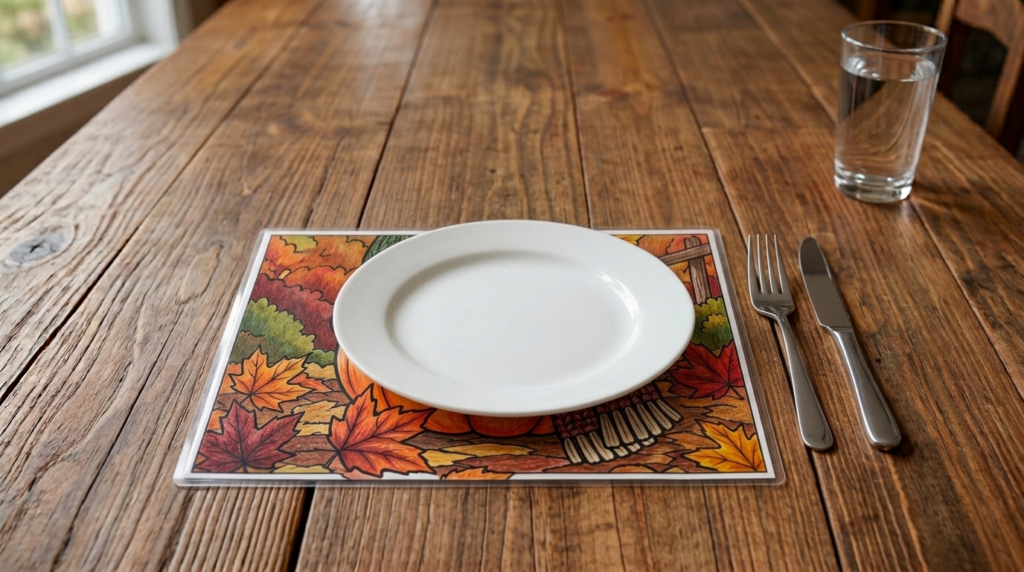 Water-repellent placemat made from a laminated pumpkin coloring page