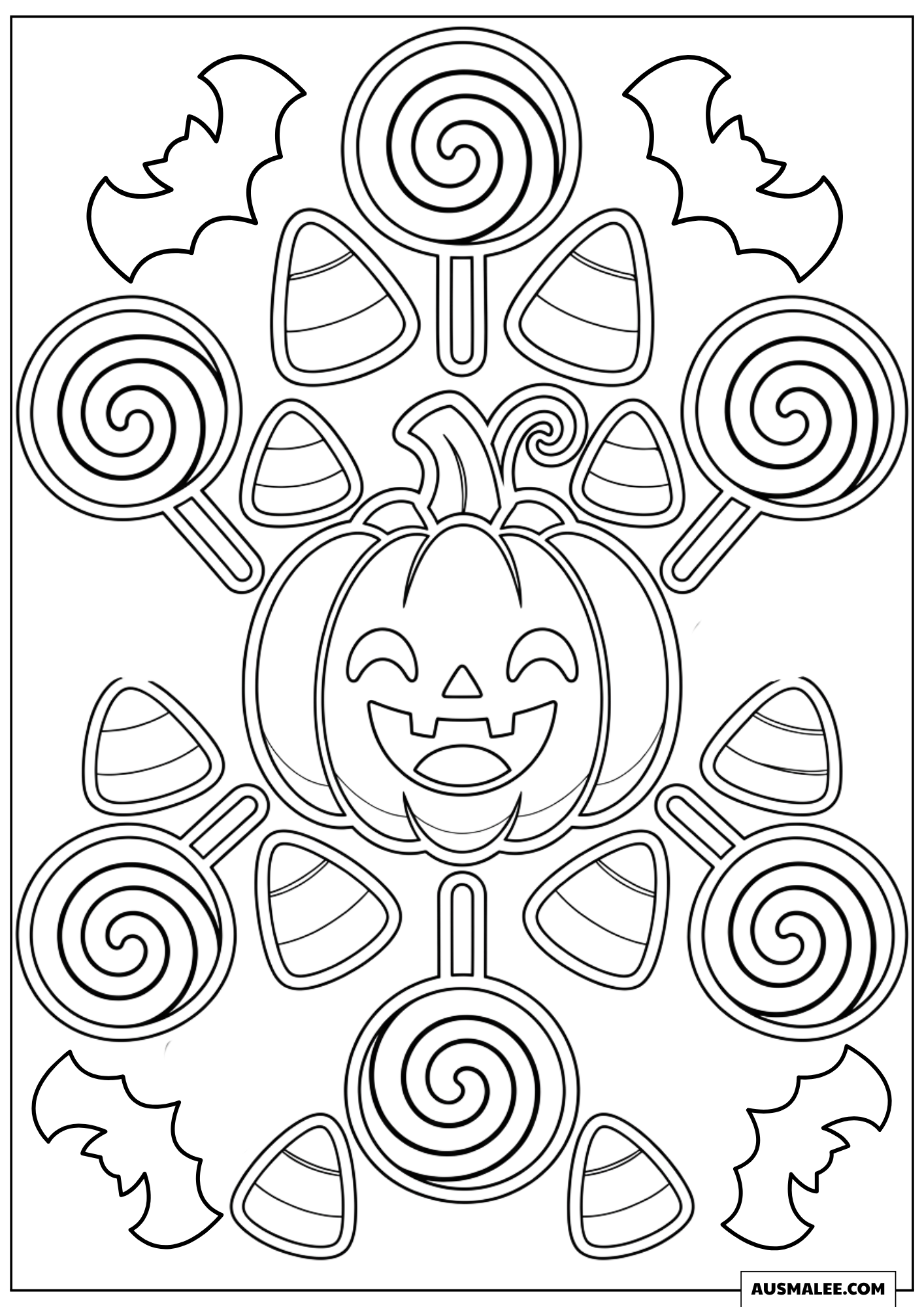 Swirling Mandala Pumpkin with Candy and Bats Coloring Pages
