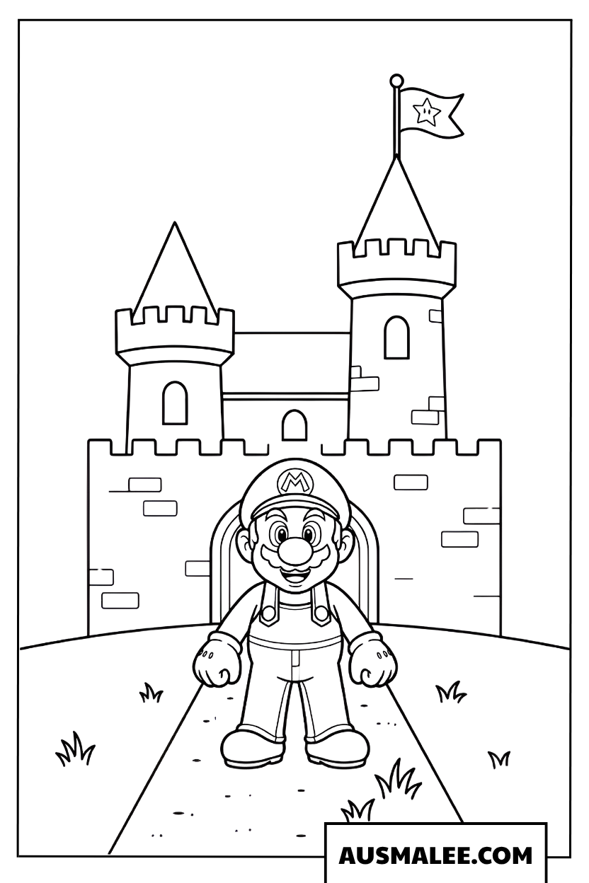 Mario walking in front of the castle coloring page