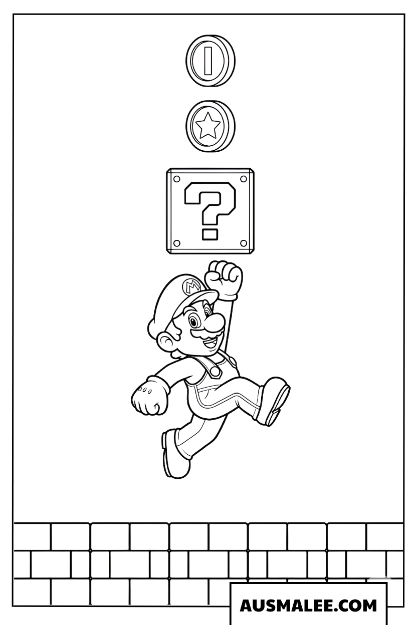 Mario jumping and hitting a question block coloring page