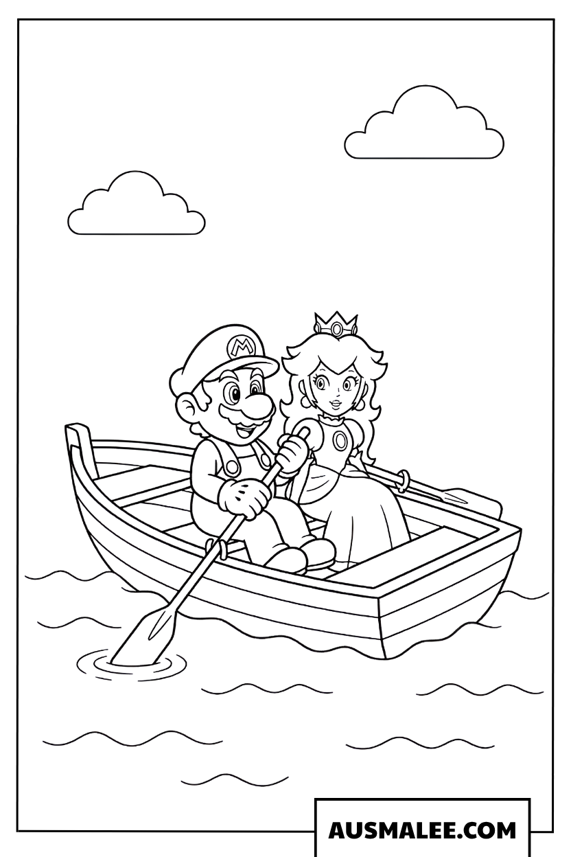 Mario and Princess Peach rowing a boat coloring page