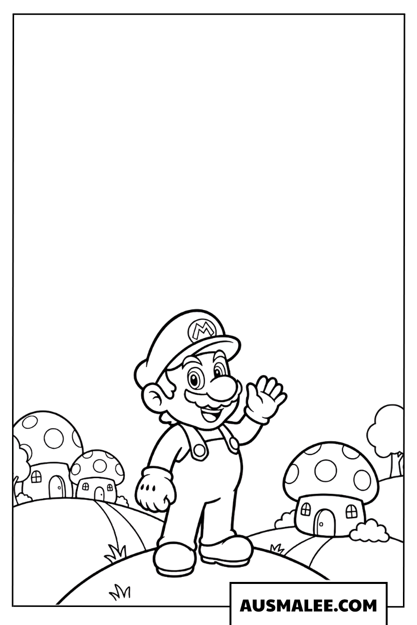 Mario waving in the Mushroom Kingdom coloring page
