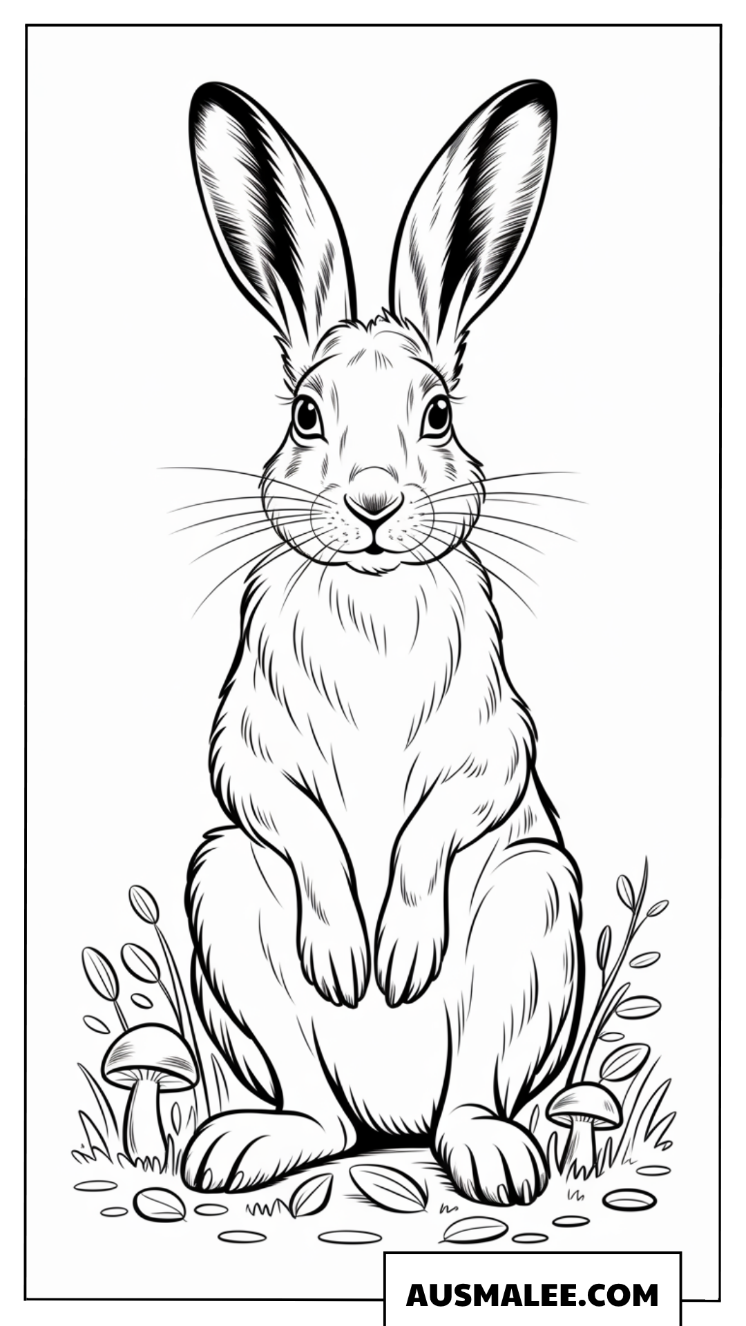 Ausmalbild Aufrecht sitzender Hase neben Pilzen