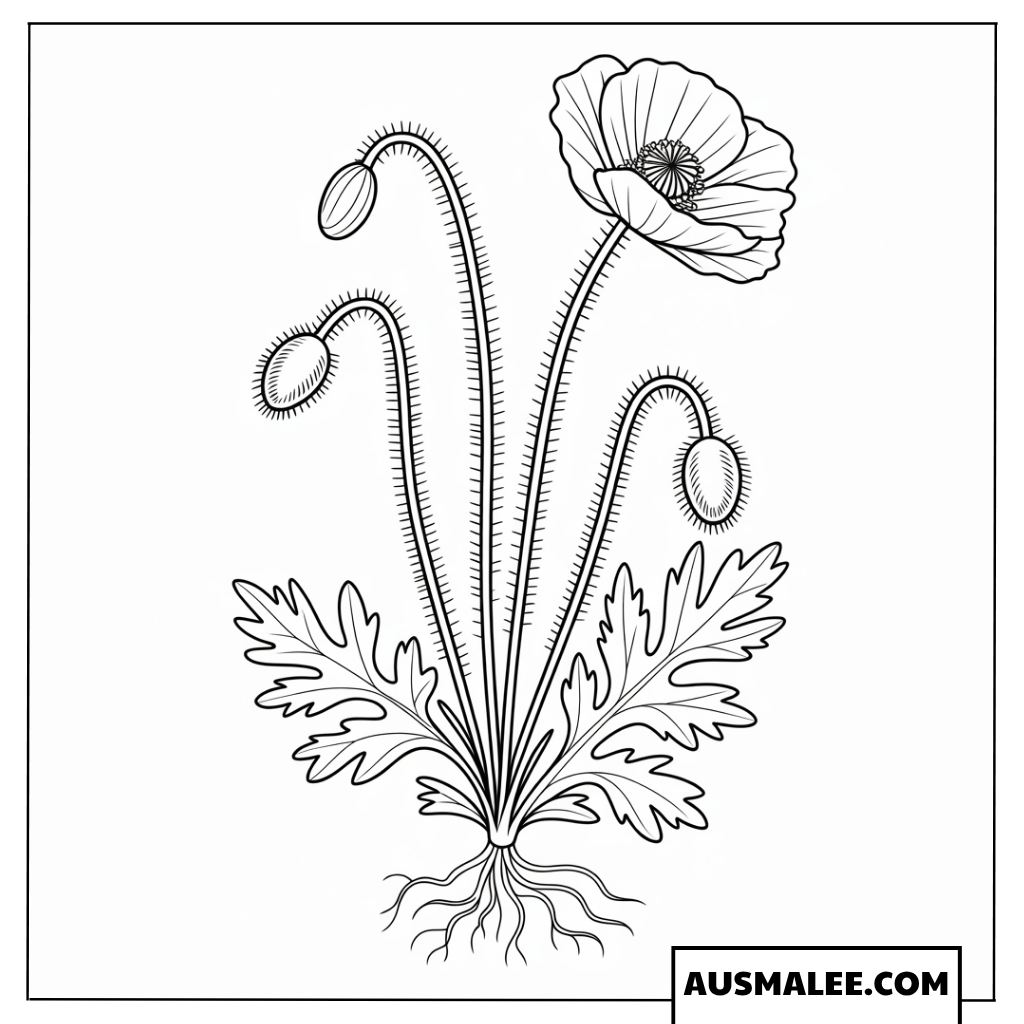 Ausmalbild Botanische Illustration mit wildem Farn und Blättern