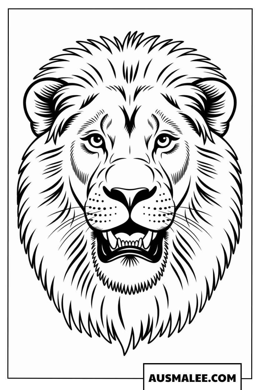 Ausmalbild Brüllender Löwenkopf mit prächtiger Mähne
