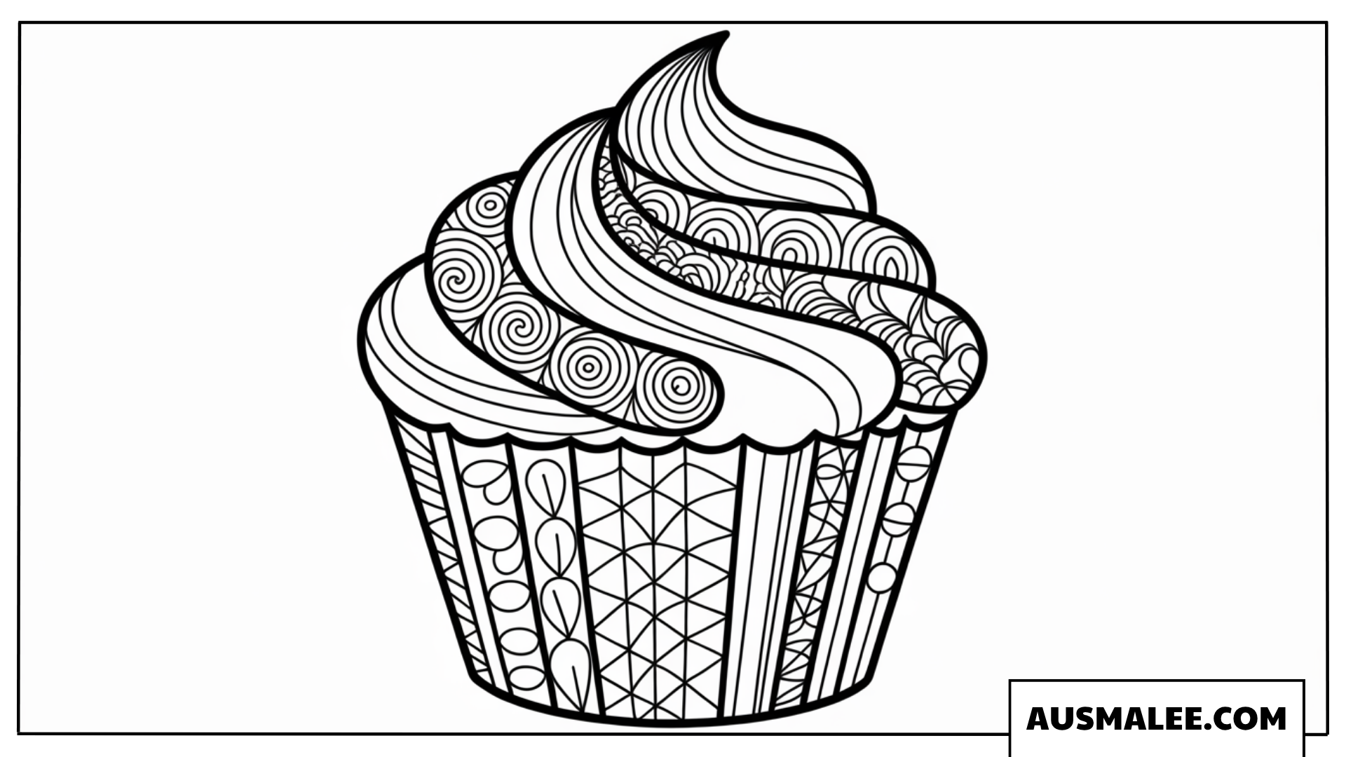 Ausmalbild Cupcake mit Zentangle-Wellenmustern