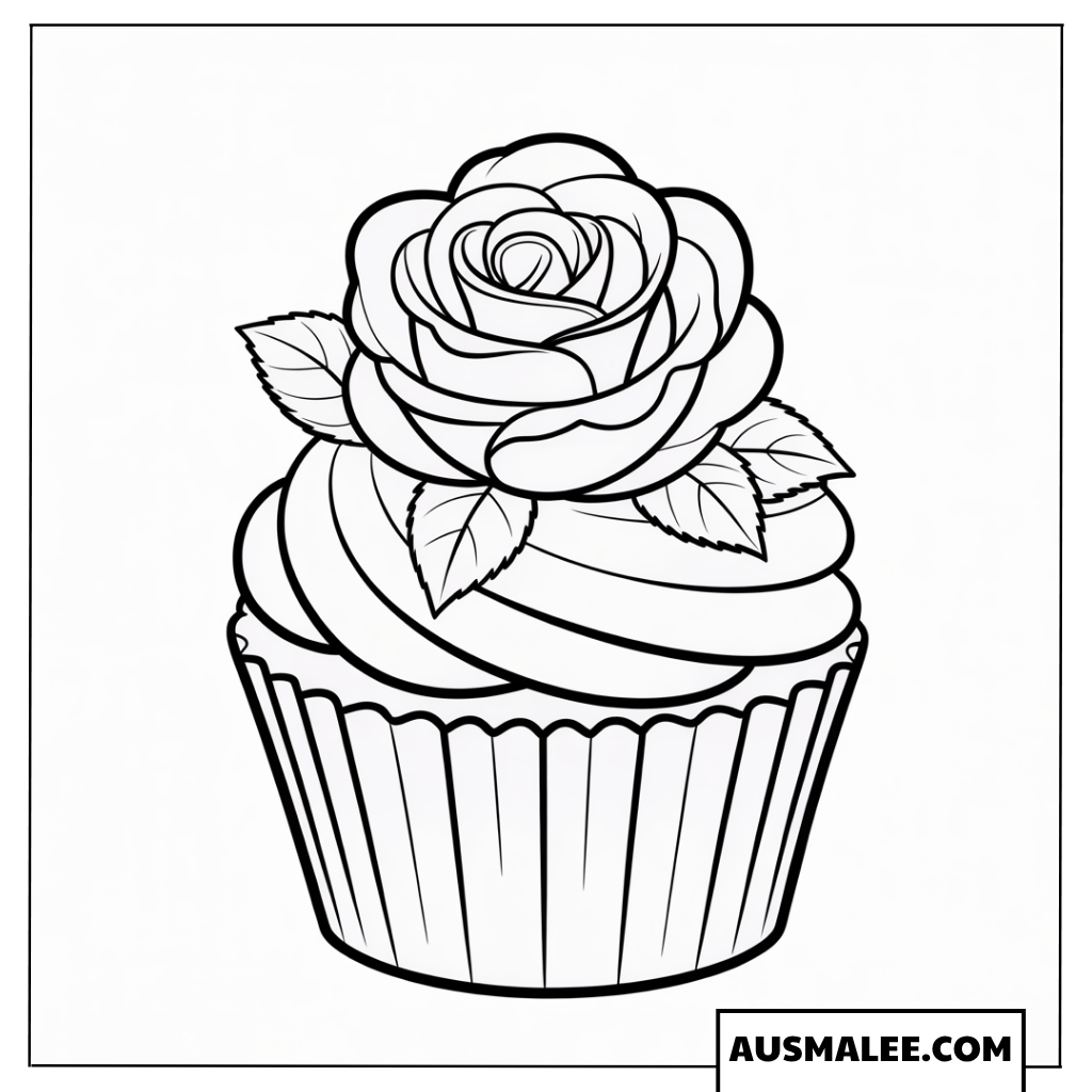 Ausmalbild Cupcake mit einer Rose