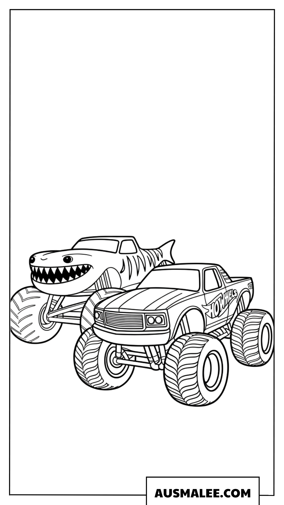 Ausmalbild Das ultimative Duell zwischen Tiger Shark und Hot Wheels Truck