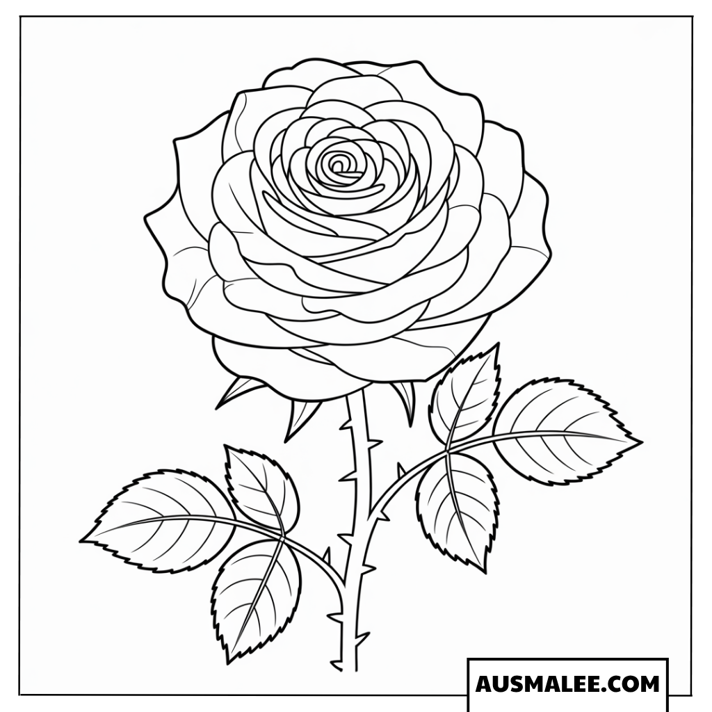 Ausmalbild Detaillierte Rose mit Wassertropfen auf den Blättern