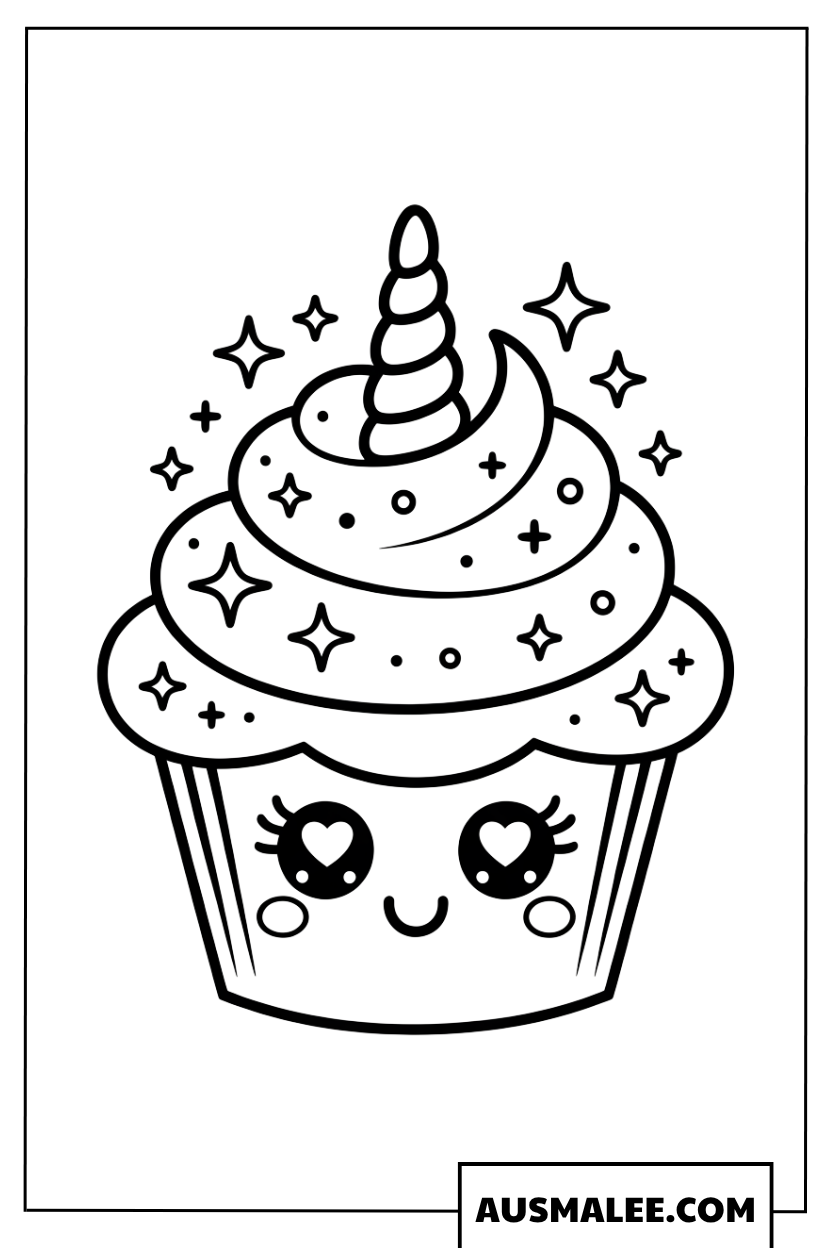 Ausmalbild Einhorn-Cupcake im Anime-Stil