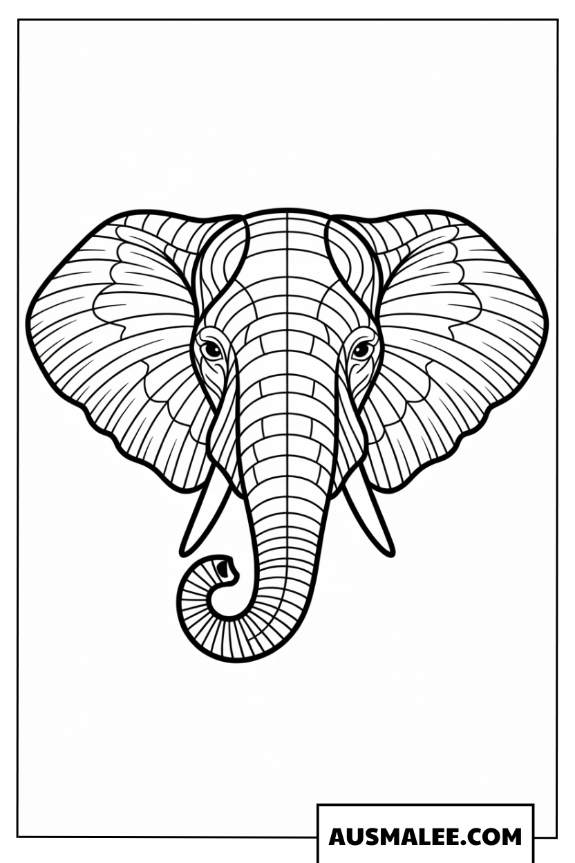 Ausmalbild Elefantenkopf mit geometrischen Linien