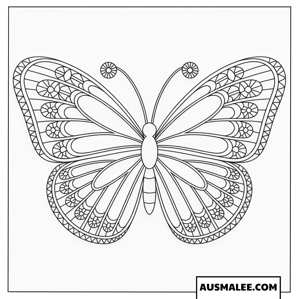 Ausmalbild Eleganter Schmetterling mit verzierten Fühlern